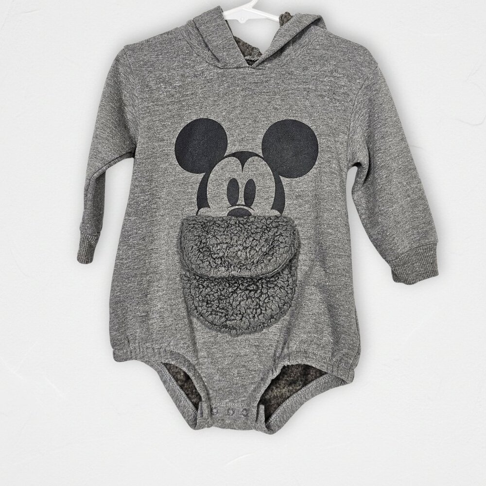 Disney Baby Mickey Mouse Hooded Romper Gray Sherpa Pocket 18 Months